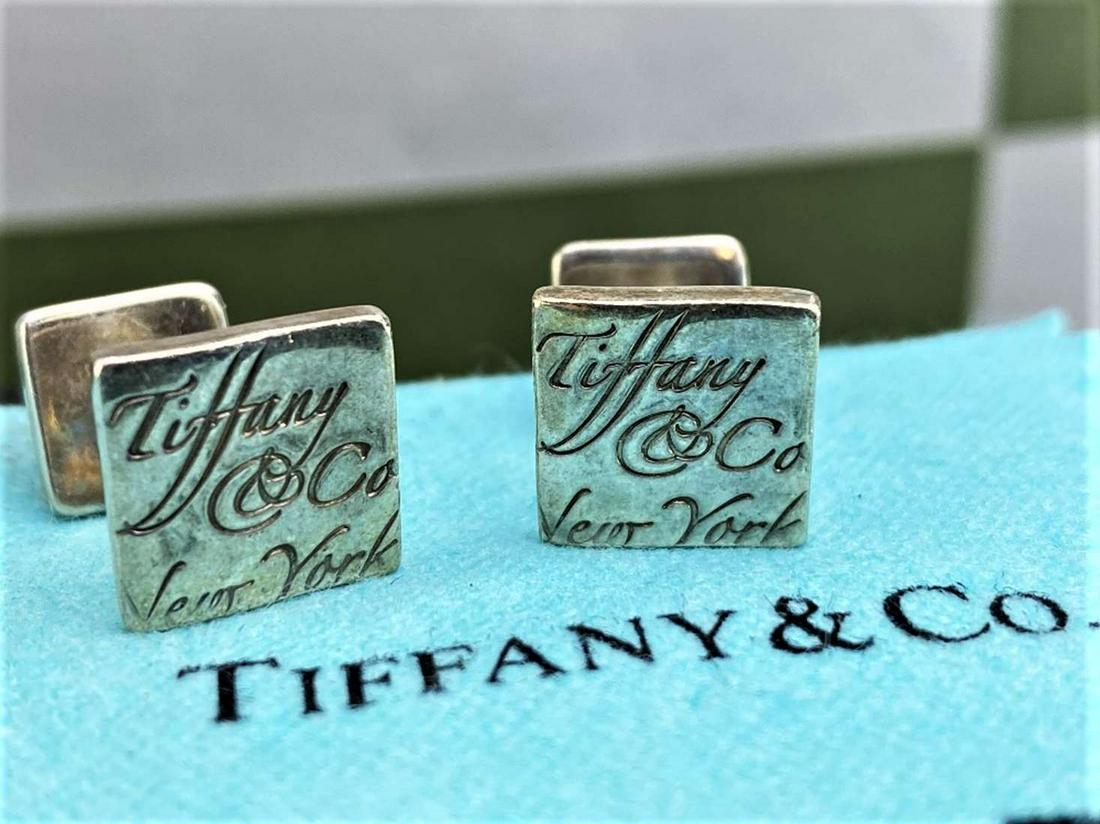 Tiffany & Co Silver Script Cursive Square Cufflinks (1 of 2)