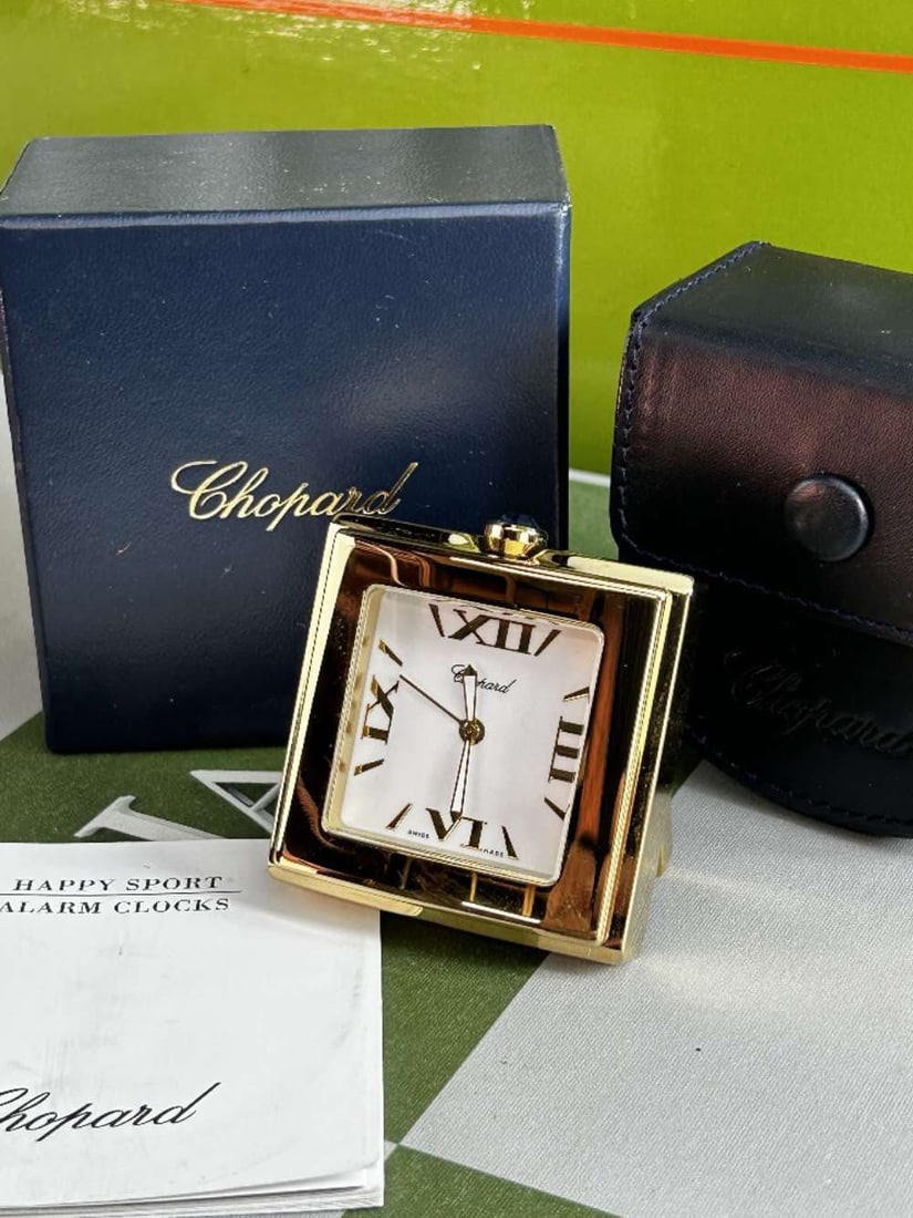 Chopard Rose Gold Happy Sport Edition Desk/Travel Alarm clock: Chopard Rose Gold Happy Sport Edition Desk/Travel Alarm clock, mint rare example unused and understood to of been in storage for over 15 years, as pictured with original packaging and manuals etc, ute