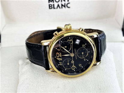 Montblanc Meisterstuck 7038 Automatic Chronograph Men's Watch: Montblanc Meisterstuck 7038 Automatic Chronograph Men's Watch-Gold plated example with original packaging as pictured, benefits from recent service and battery change, receipt included. Leather strap.