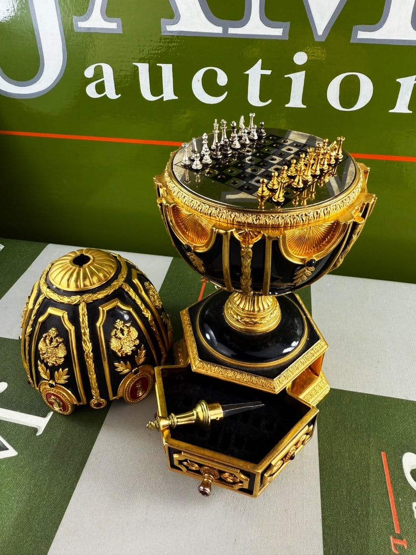 Faberge 24 Ct Gold- The Imperial Jeweled Egg Chess Set #3: Faberge 24 Ct Gold- The Imperial Jeweled Egg Chess Set, a stunning and exceptionally rare example . As pictured in mint condition along with certificate of authenticity.Accented with 24K gold, sterlin