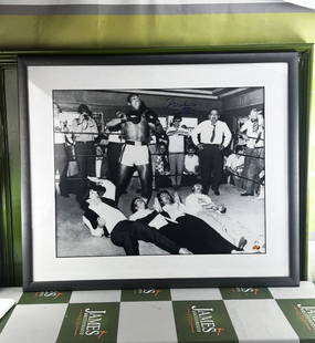 Muhammad Ali Signed Montage With Beatles Miami 1963: Muhammad Ali Signed Montage With Beatles Miami 1963, rare ?aka Cassius clay? signature of the pre muhammad Ali era. Has been professionally framed and comes with a COA, dimensions pictured.