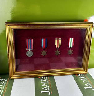 Framed WWII Medal Collection: A Second World War Medal Montage: Framed WWII Medal Collection: A Second World War medal grouping, to include a 39-45 Service, 39-45 Star, Africa Star, (1st Army Bar) and an Italy Star. Professionally mounted and gilt-framed, small ch