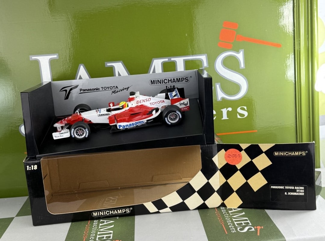 Minichamps 1:18 Panasonic Toyota Racing TF105 (R. Schumacher) 2005: Minichamps 1:18 Panasonic Toyota Racing TF105 (R. Schumacher) 2005- A rare undisplayed example complete as pictured with original packaging-Mint Example.