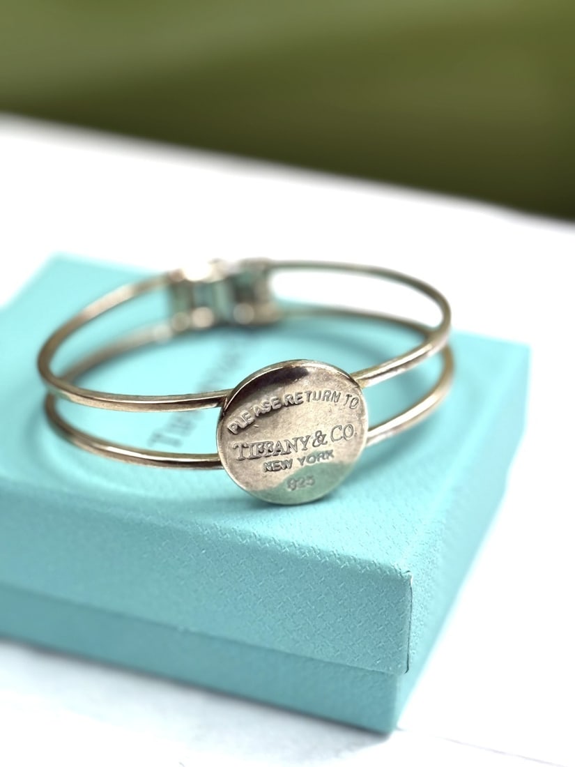 Rare Vintage Tiffany & Co 925 Sterling Silver `Please Return To` Oval Tag Hinged Cuff Bracelet - 5