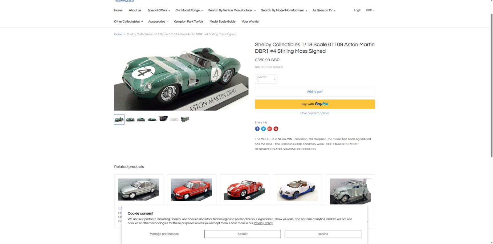 Ltd Edition 1:18 Scale Aston Martin DBR1, by Shelby Collectibles, Signed by Sir Stirling Moss - 9