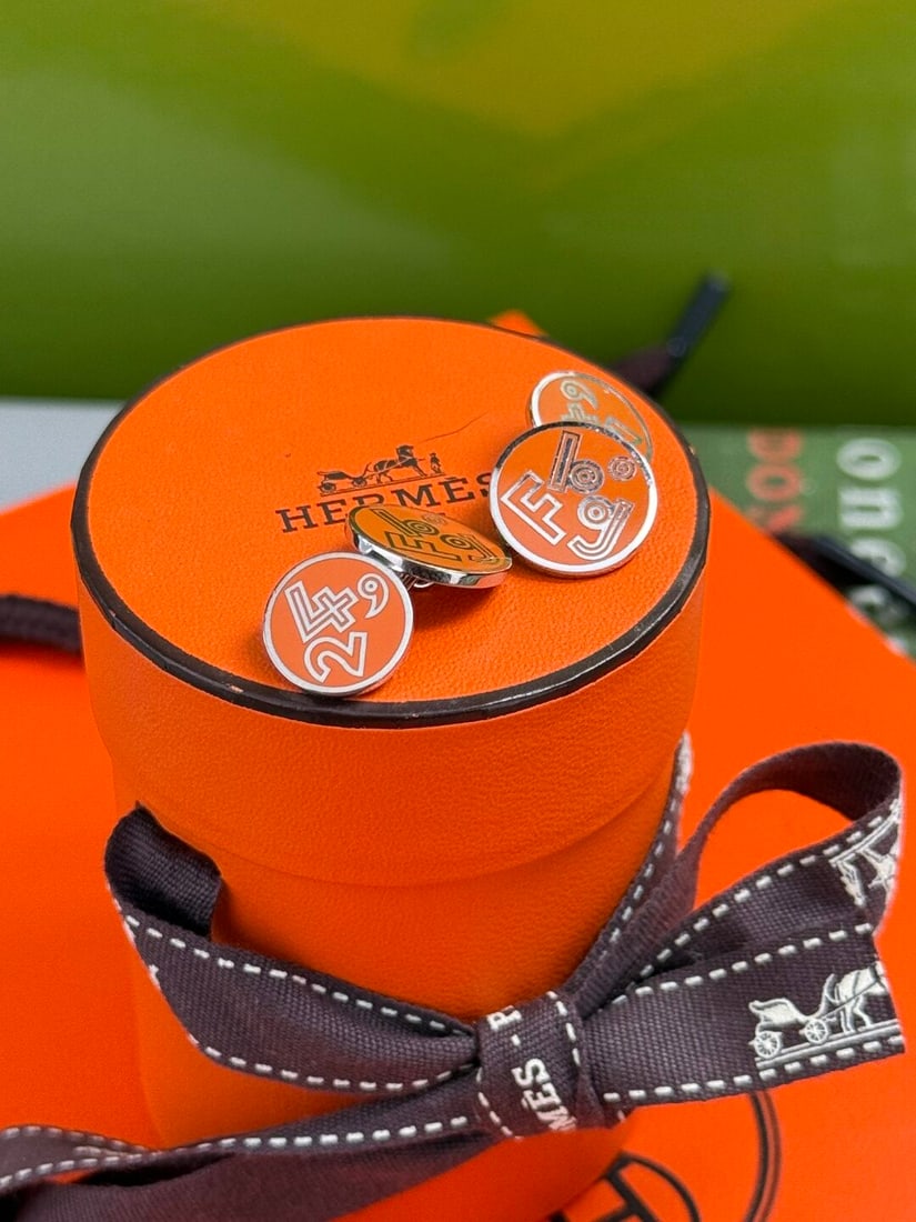Hermes Paris-Rare `Clou De Selle` Orange Enamel Cufflinks - 4