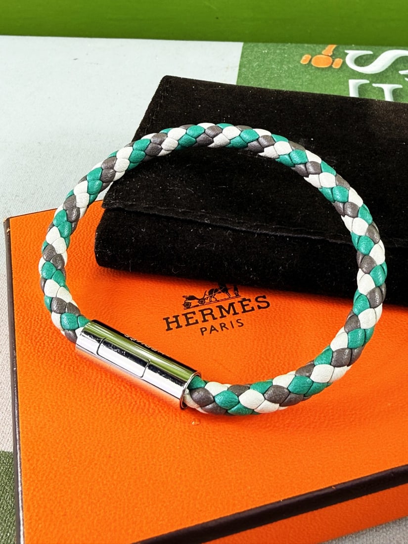 Hermes Goliath Bracelet Green, Grey & White Leather with Palladium Clasp (1 of 5)