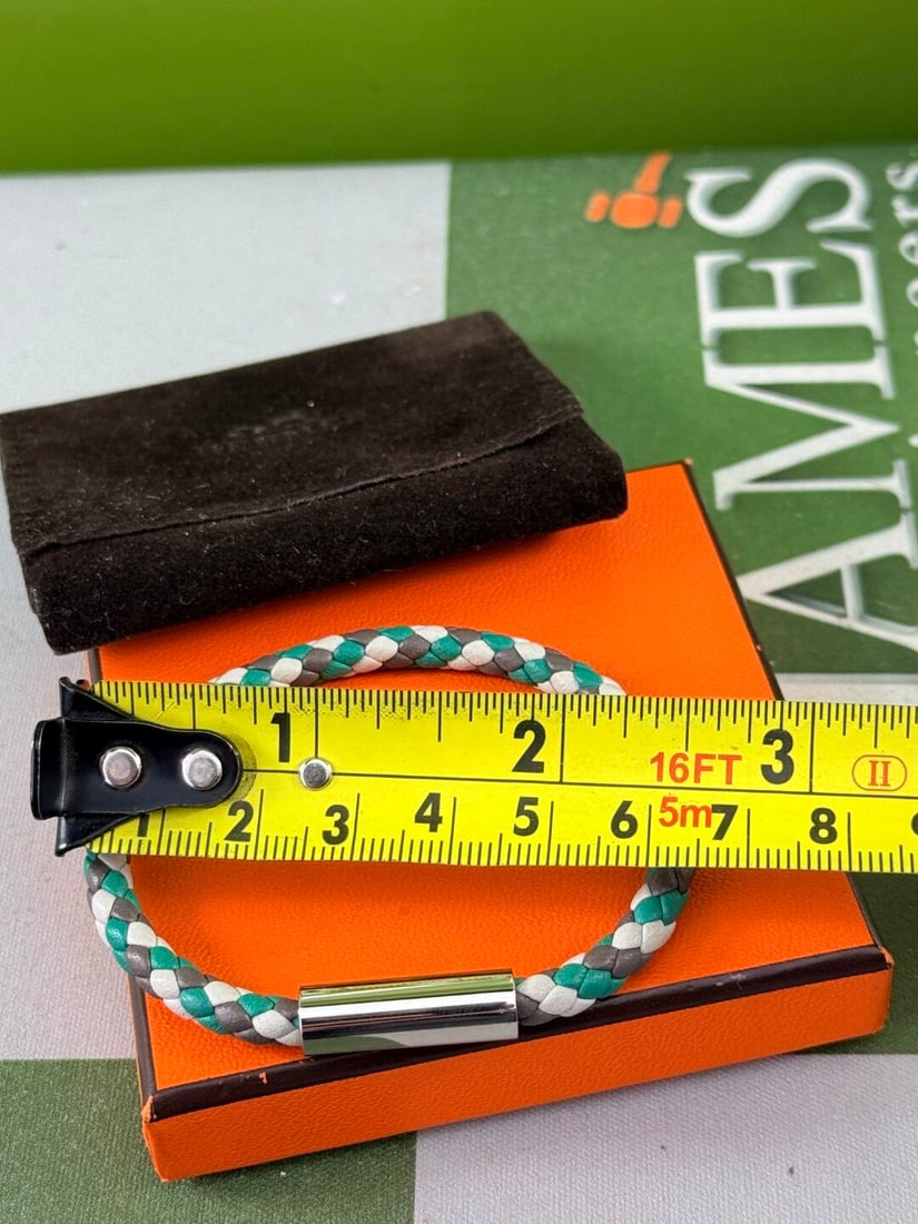 Hermes Goliath Bracelet Green, Grey & White Leather with Palladium Clasp - 3