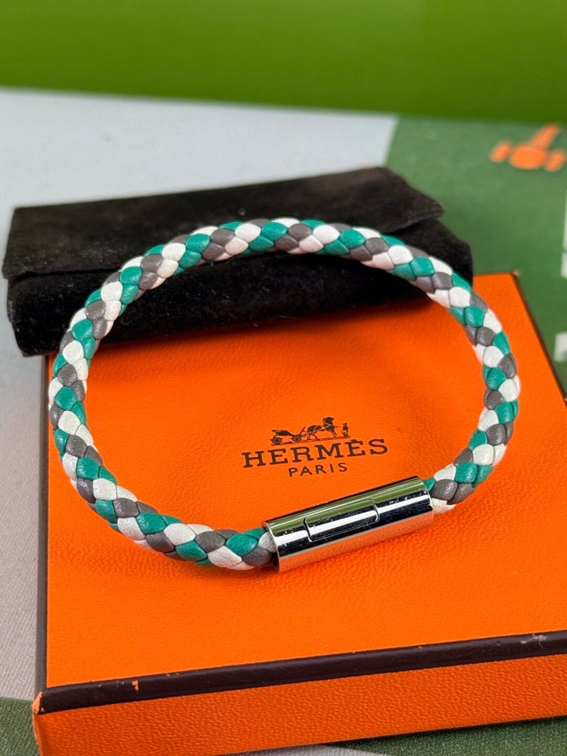 Hermes Goliath Bracelet Green, Grey & White Leather with Palladium Clasp - 5