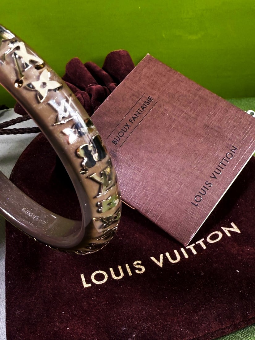 Louis Vuitton Paris Gold Flake Inclusion Monogram Bangle: Louis Vuitton Paris Gold Flake Inclusion Monogram Bangle, as pictured mint rare example with the matt clay brown insert with actual gold flake monogram inclusions. Dimensions also pictured. With