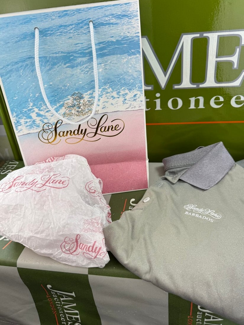 Sandy Lane Barbados Famous Hotel & Golf Course Gent`s Addidas Gold Polo Shirt Size large: Sandy Lane Barbados Famous Hotel & Golf Course Gent`s Addidas Gold Polo Shirt Size large, as pictured with original SL bag.