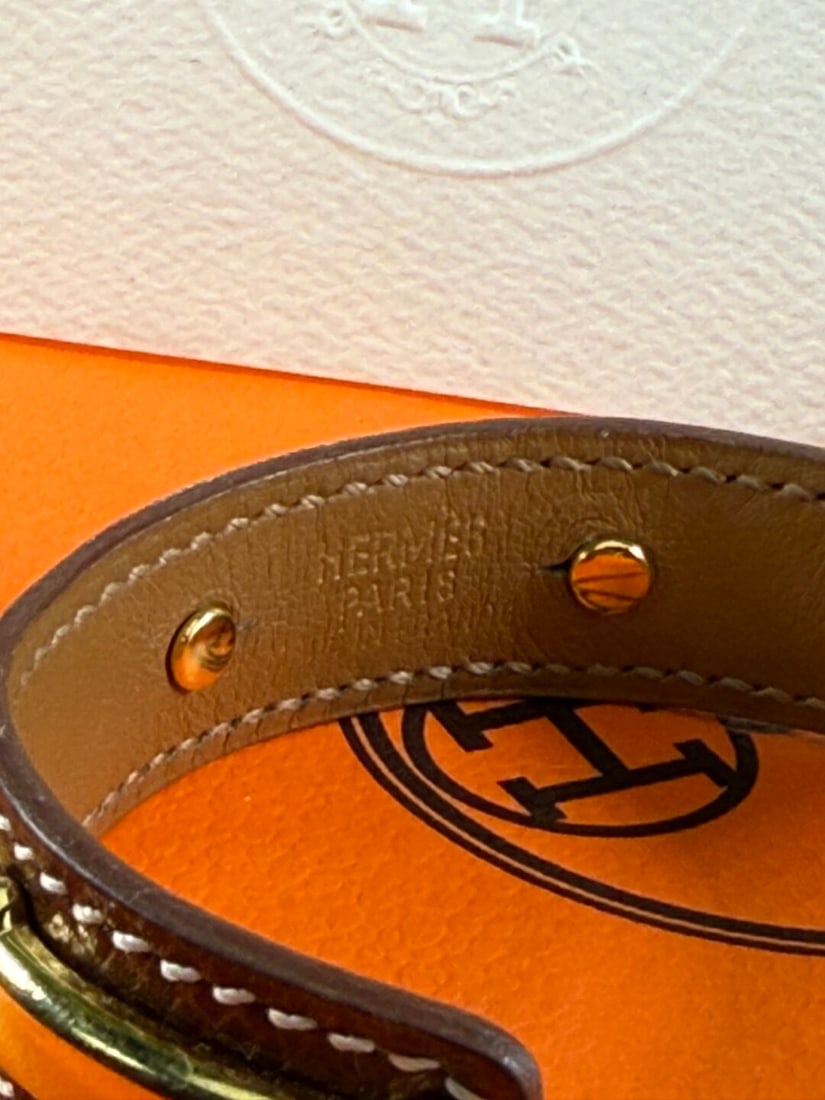 Hermes Paris Rare Vintage Gold & Leather Bangle Bracelet - 4