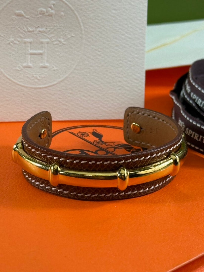 Hermes Paris Rare Vintage Gold & Leather Bangle Bracelet - 5