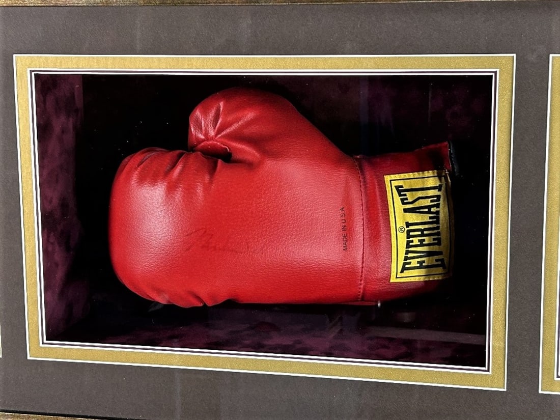 Muhammad Ali Signed Montage Everlast Glove/Picture and Dipped Gold Face Cast - 7