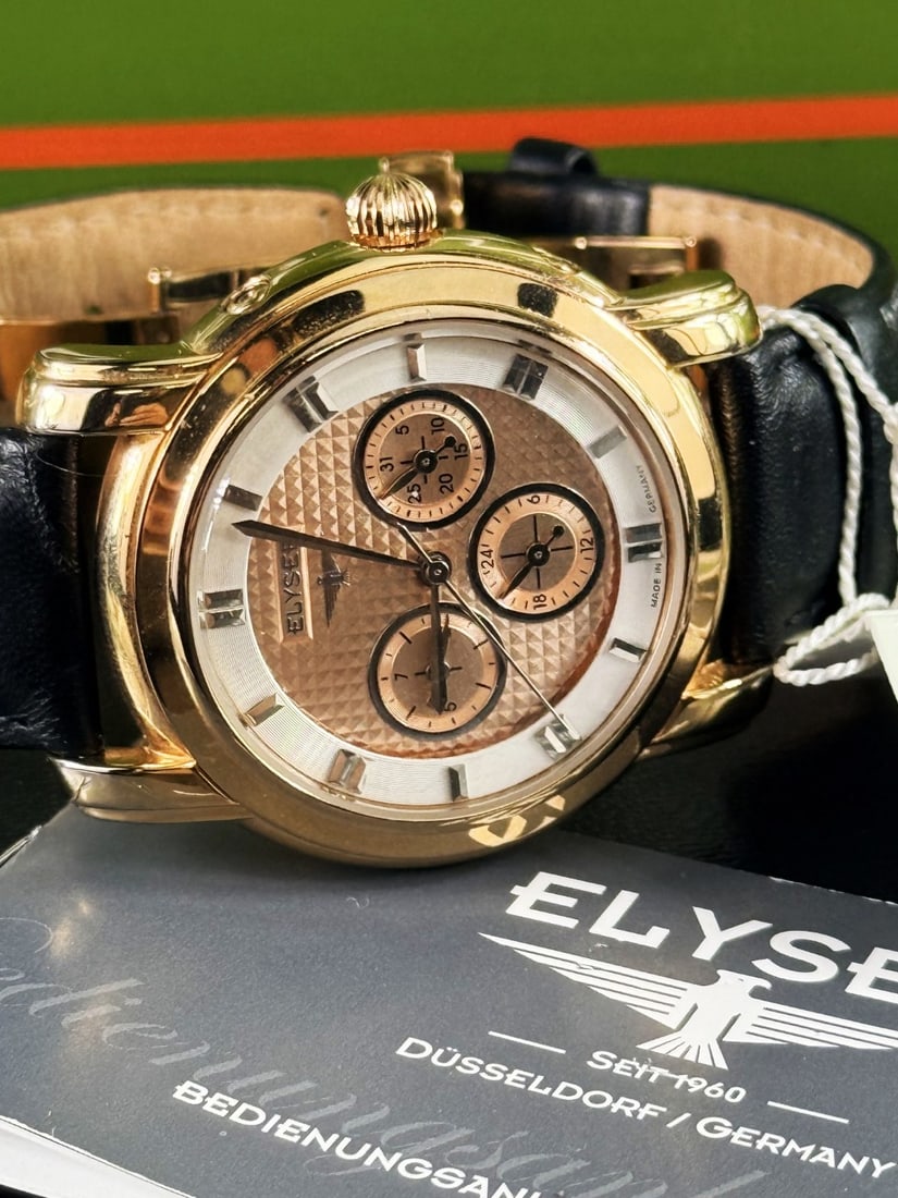 Elysee Hermes Rose Gold Automatic Watch 40mm Case. Made in Germany: Elysee Hermes Rose Gold Automatic Watch 40mm Case. Made in Germany, movement tested at time of lotting, rare example benefitting of original packaging. original leather strap.