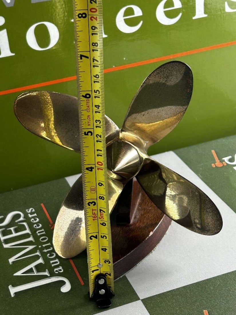 A Handmade Desk Top Vintage Brass Propeller On Wooden Display Stand - 4