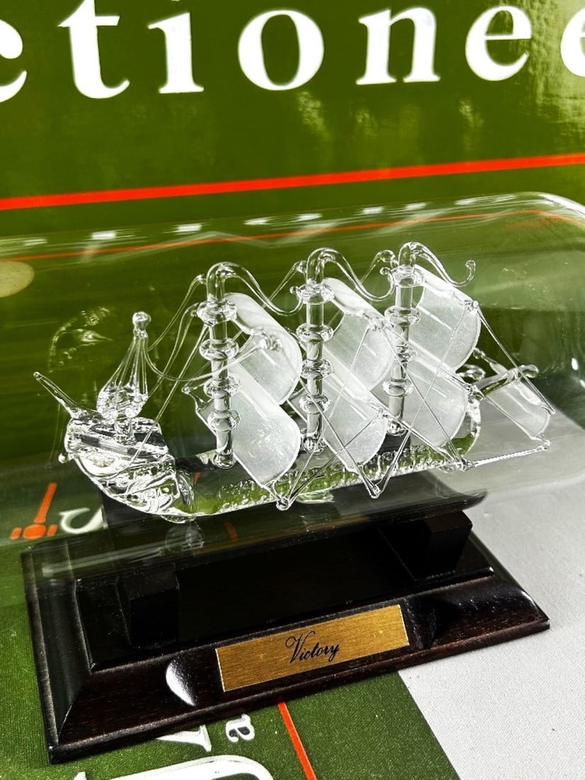 HMS Victory Ship In a Bottle On A Wooden Plinth Display - 2