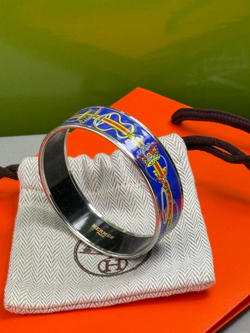 Hermes Paris Wide Silver & Enamel Monogram Bangle - 2