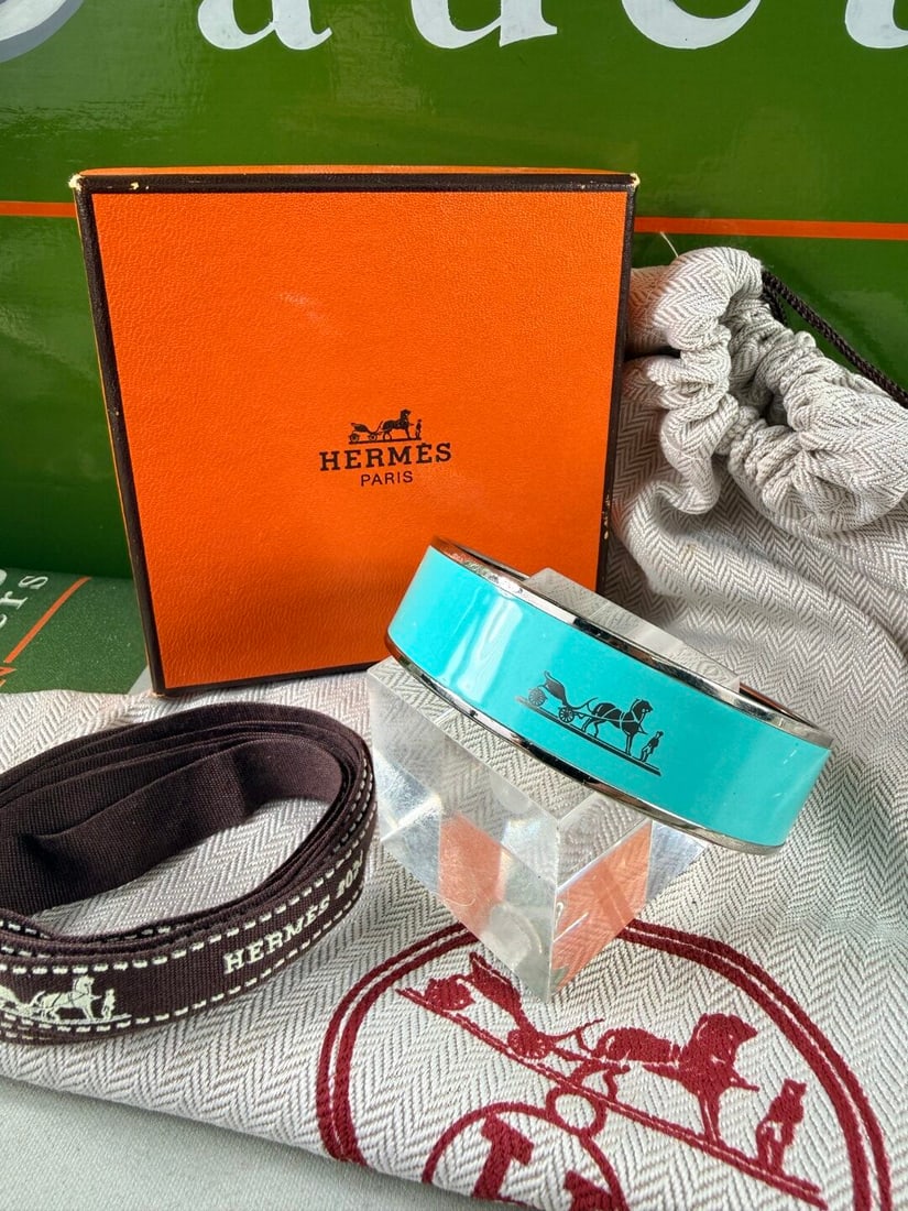 Hermes Paris Turquoise Enamel & Silver Bangle (1 of 5)