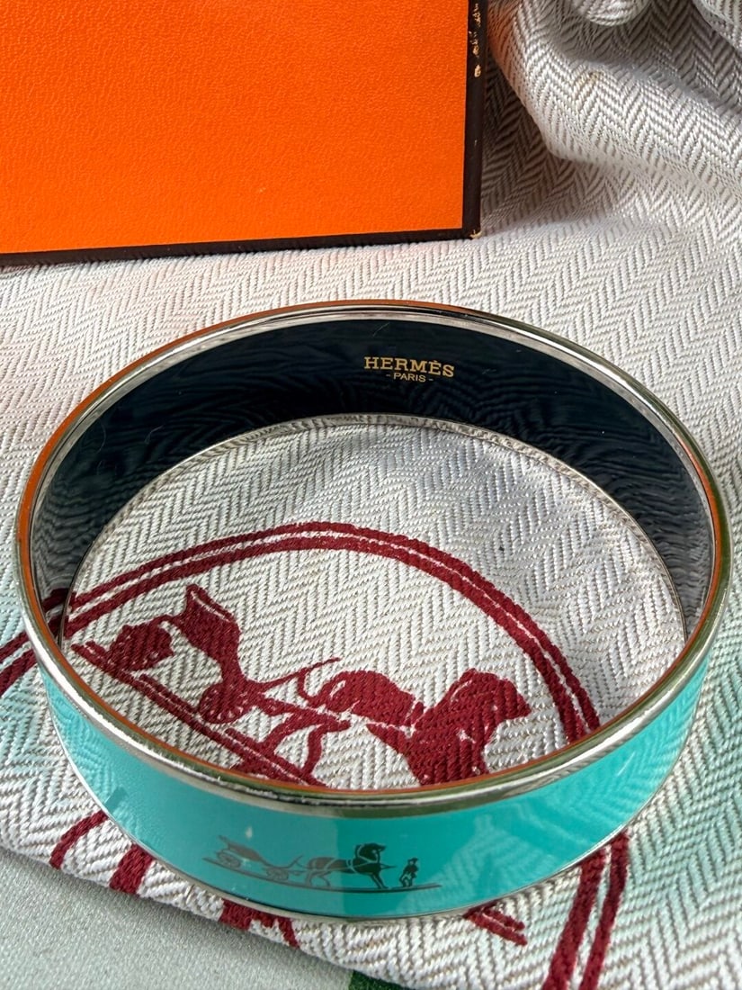 Hermes Paris Turquoise Enamel & Silver Bangle - 2