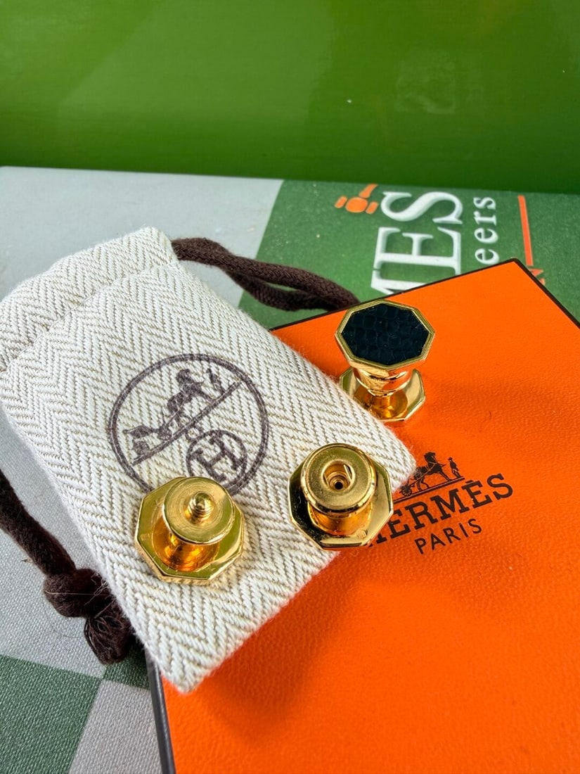 Hermes Paris Octagonal Vintage Gold Cufflinks & Black Lizard Leather Inlay-Very Rare Examples - 2