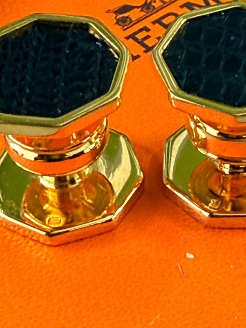 Hermes Paris Octagonal Vintage Gold Cufflinks & Black Lizard Leather Inlay-Very Rare Examples - 3