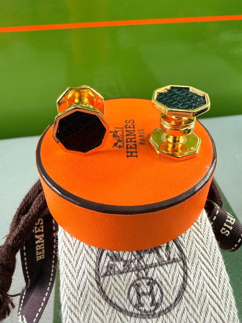 Hermes Paris Octagonal Vintage Gold Cufflinks & Black Lizard Leather Inlay-Very Rare Examples - 6