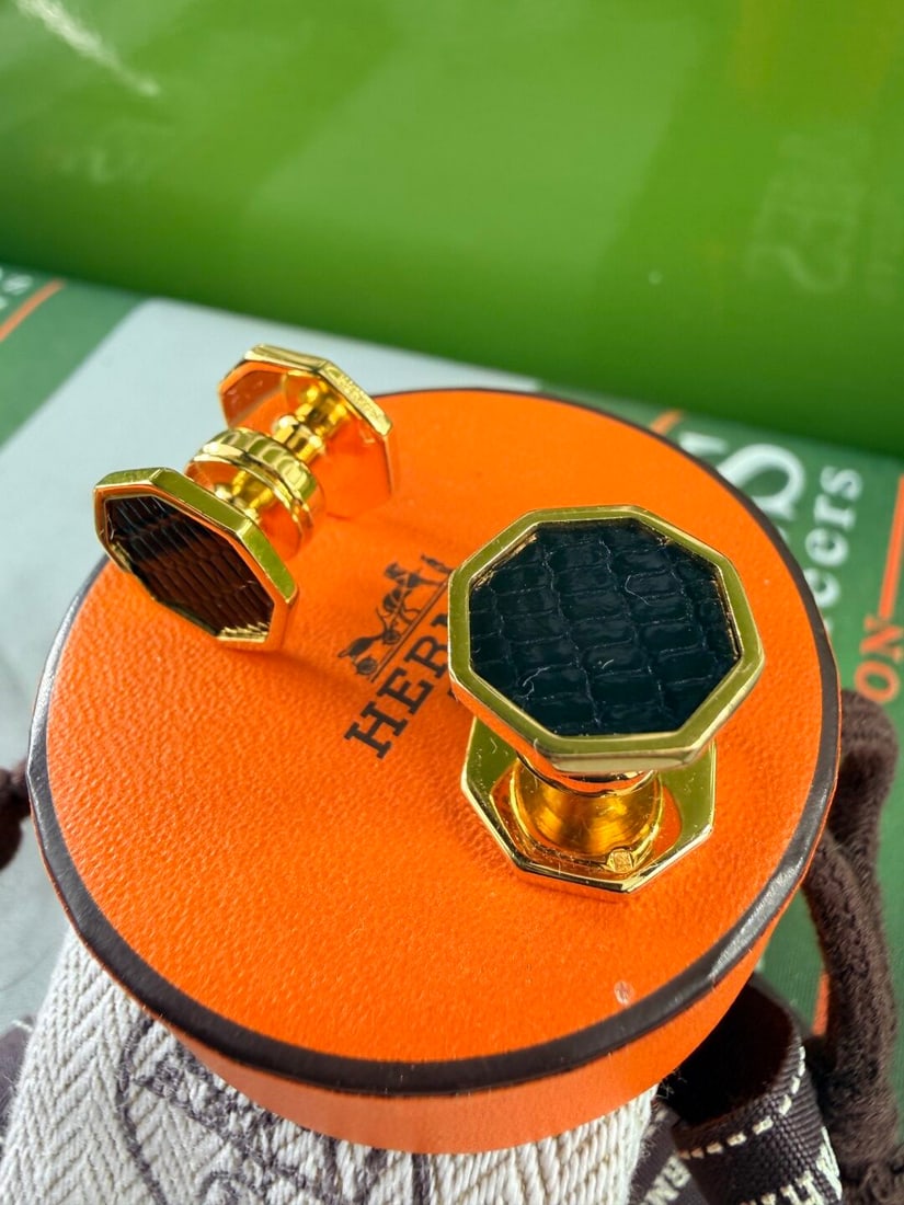 Hermes Paris Octagonal Vintage Gold Cufflinks & Black Lizard Leather Inlay-Very Rare Examples - 7