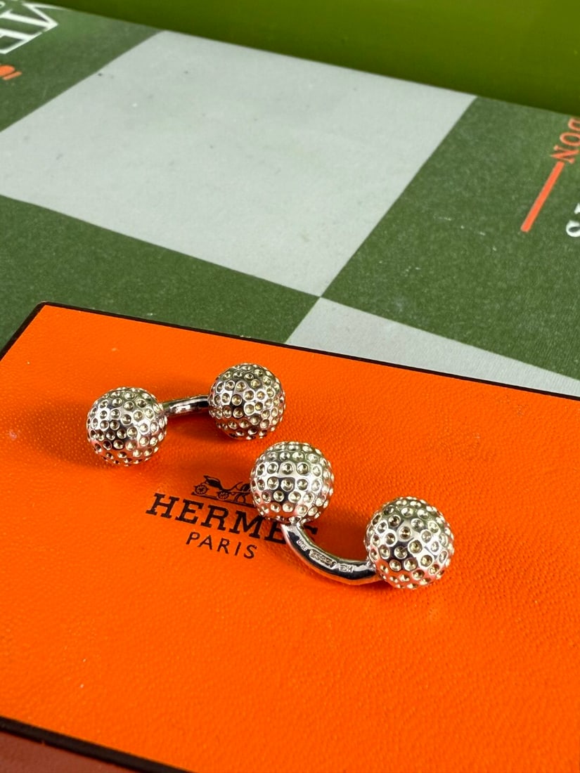 Hermes Paris Classic Sterling Solid Silver Golfball Cufflinks Design - 2