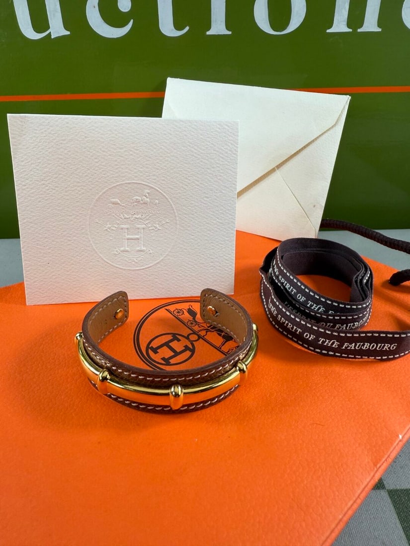 Hermes Paris Rare Vintage Gold & Leather Bangle Bracelet - 2
