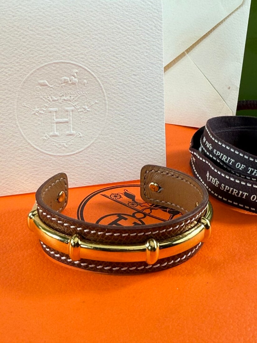 Hermes Paris Rare Vintage Gold & Leather Bangle Bracelet - 3
