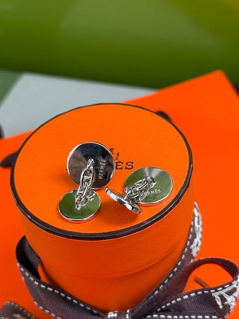 Hermes Paris-Rare `Clou De Selle` Orange Enamel Cufflinks - 3