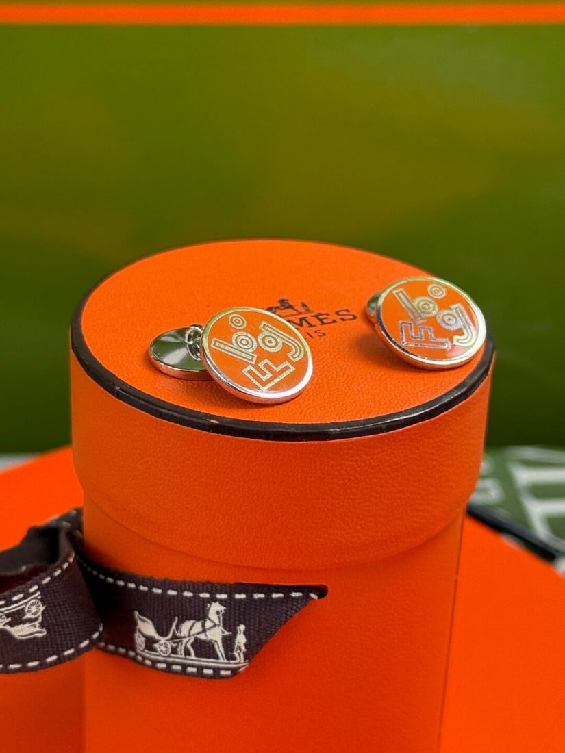 Hermes Paris-Rare `Clou De Selle` Orange Enamel Cufflinks - 5