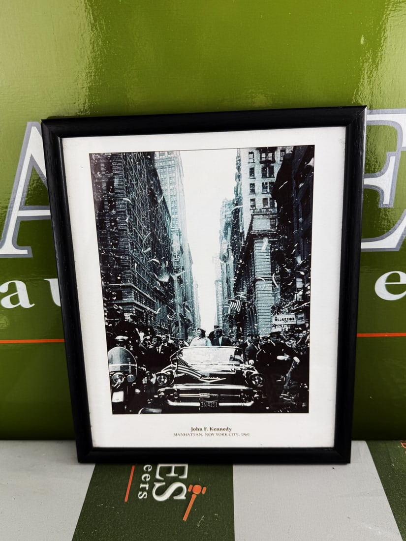JFK John F Kennedy Framed Print Celebrating Presidency In Manhattan USA: JFK - John F Kennedy Framed Print Celebrating Presidency In Manhattan USA, matt black frame, dimensions pictured, reprint example.