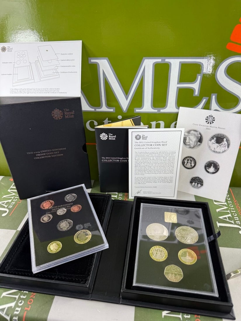 Royal Mint 2015 United Kingdom Collector Edition Coin Set: ROYAL MINT "THE 2015 UNITED KINGDOM COLLECTOR EDITION PROOF COIN SET" IN BLACK ROYAL MINT LEATHERETTE PRESENTATION BOX WITH CERTIFICATE OF AUTHENTICITY . The Royal Mint 2015 Collector Edition Coin