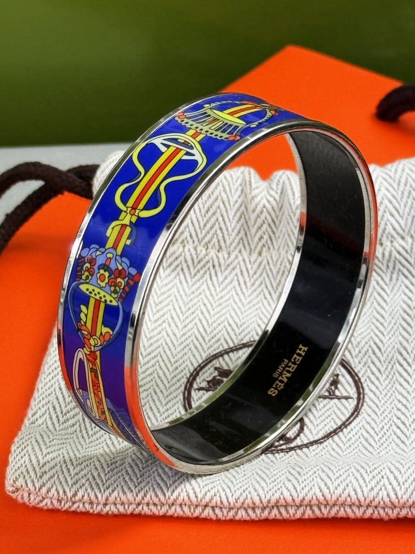 Hermes Paris Wide Silver & Enamel Monogram Bangle (1 of 6)