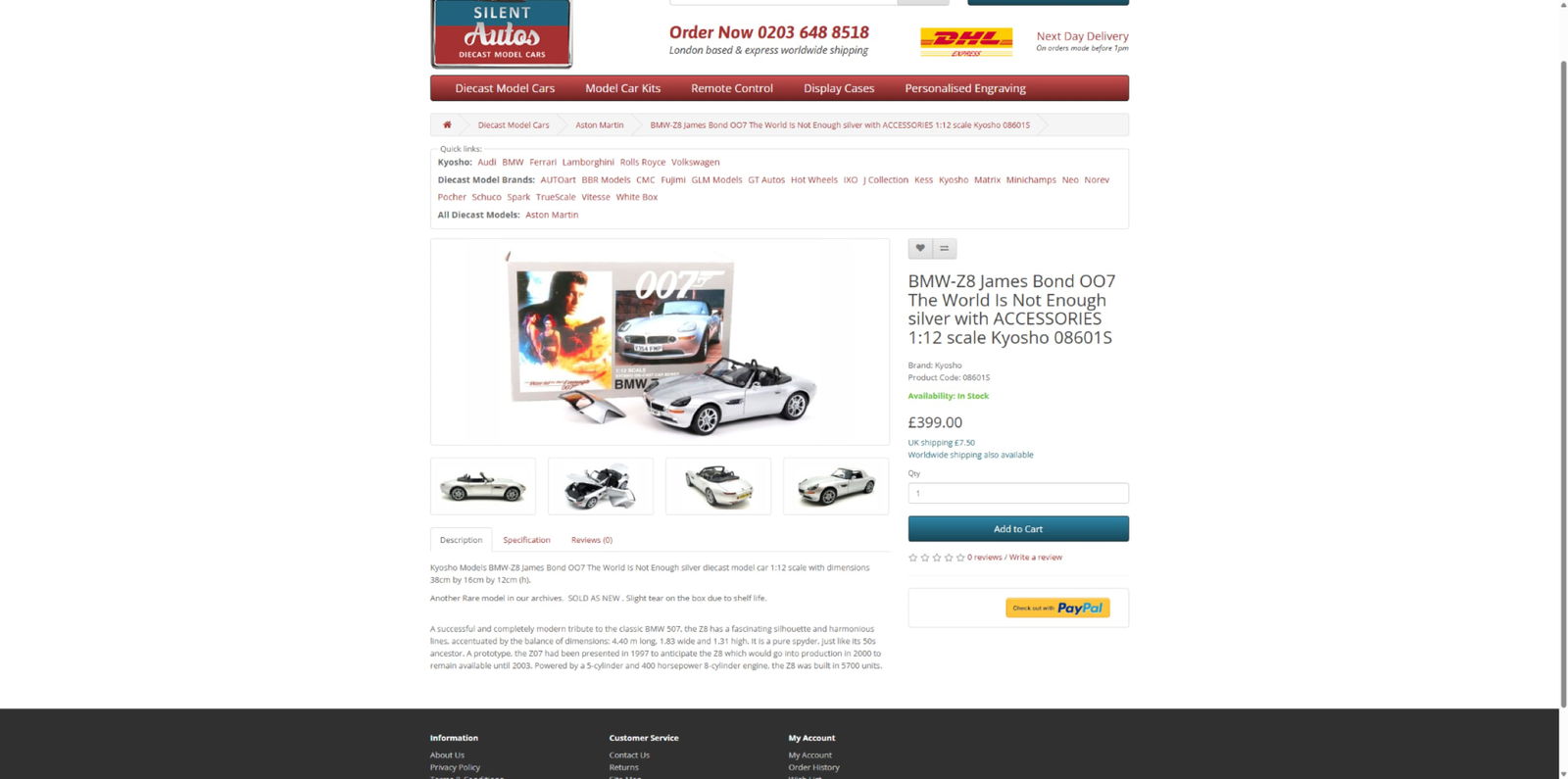 BMW-Z8 James Bond OO7 `The World Is Not Enough` Silver 1:12 scale Kyosho 08601S - 9