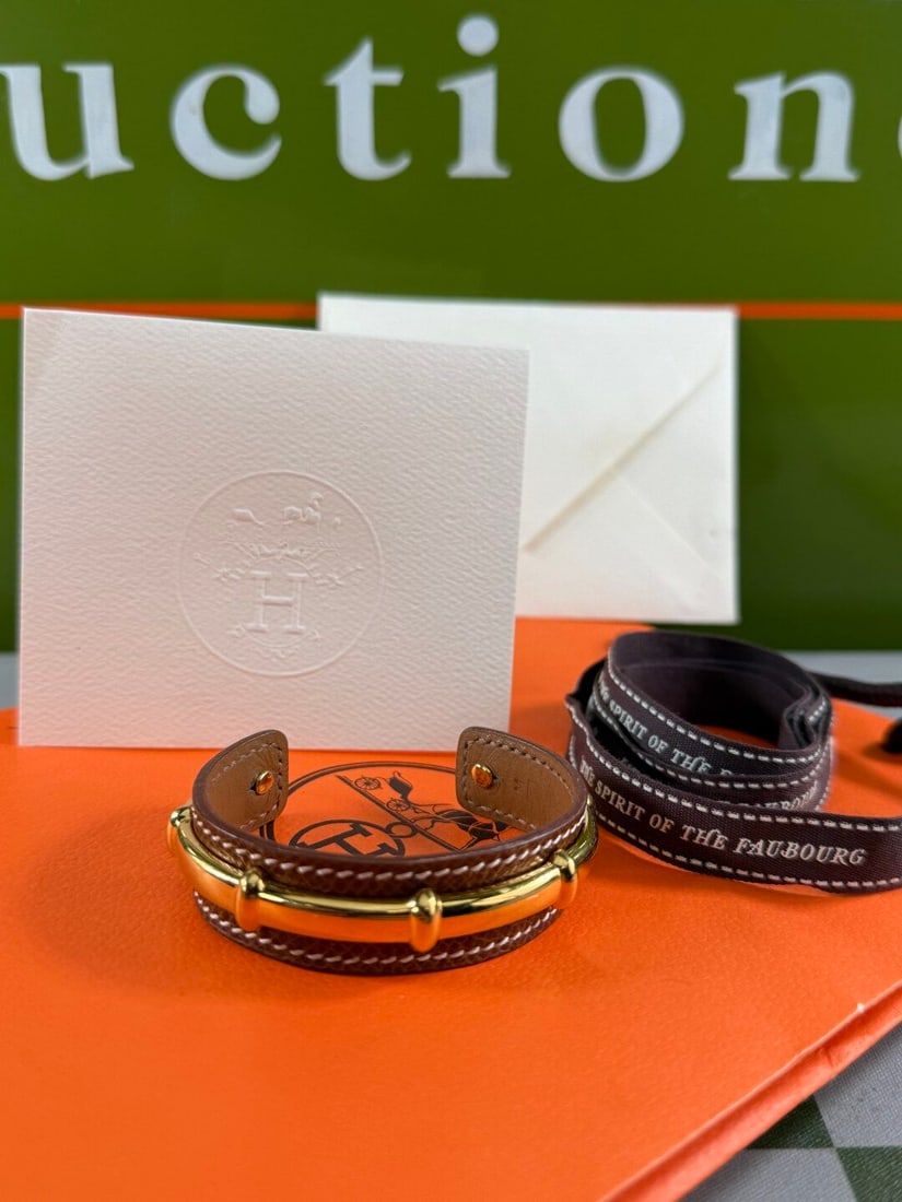 Hermes Paris Rare Vintage Gold & Leather Bangle Bracelet - 6