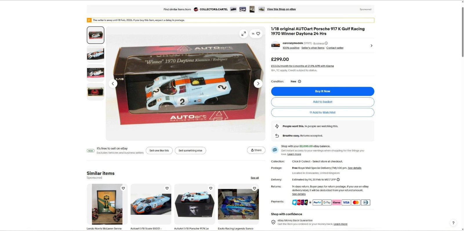 AutoArt 1/18 scale Porsche 917K Gulf Winner 1970 Daytona Kinnunen / Rodriguez. - 4