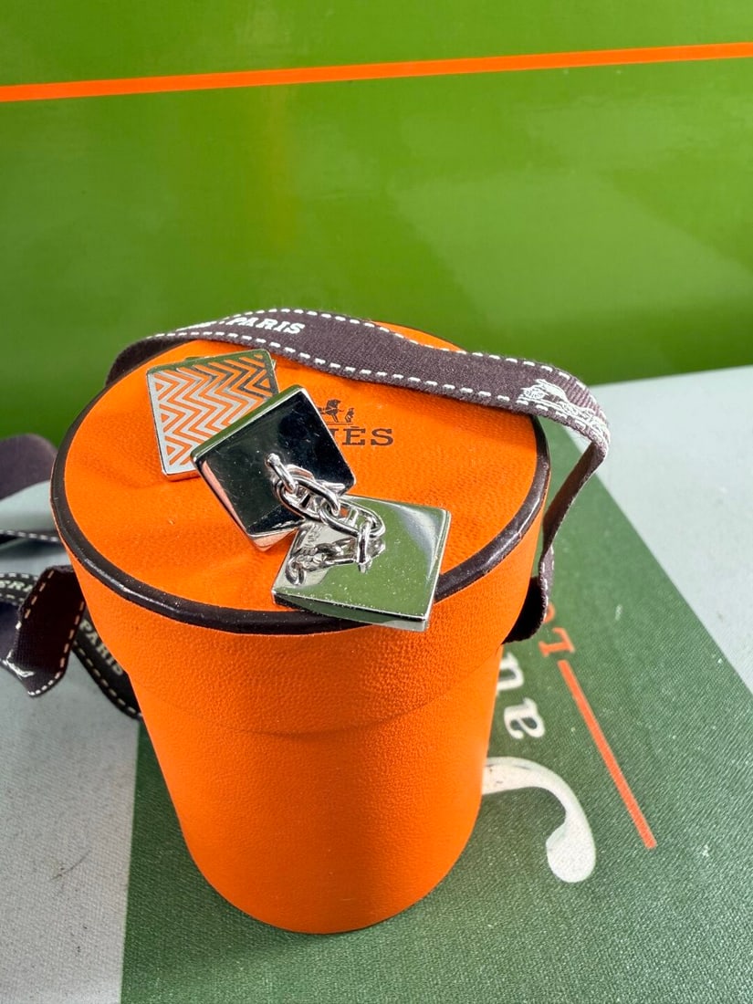 Hermes Paris Chevron Stripe Square Chaine Cufflinks Silver/Orange - 2