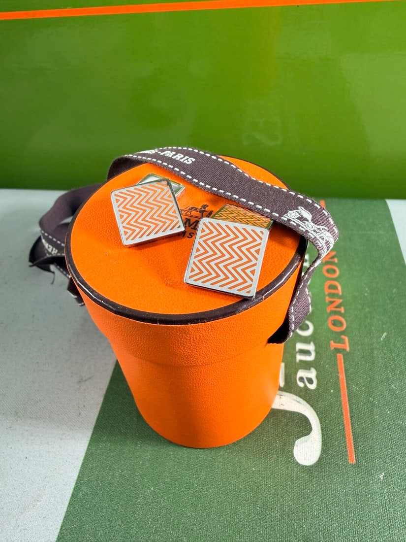 Hermes Paris Chevron Stripe Square Chaine Cufflinks Silver/Orange - 5
