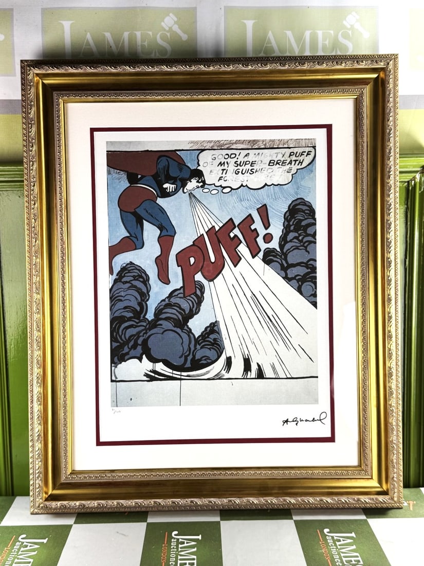 Roy Lichenstein (1923-1997) `Superman` Numbered Ltd Edition Lithograph #71/100: Roy Lichenstein (1923-1997) `Superman` Numbered Ltd Edition Lithograph #71/100. Professionally framed using museum quality perspex and double mount, gold finish ornate framed. Dimensions & number