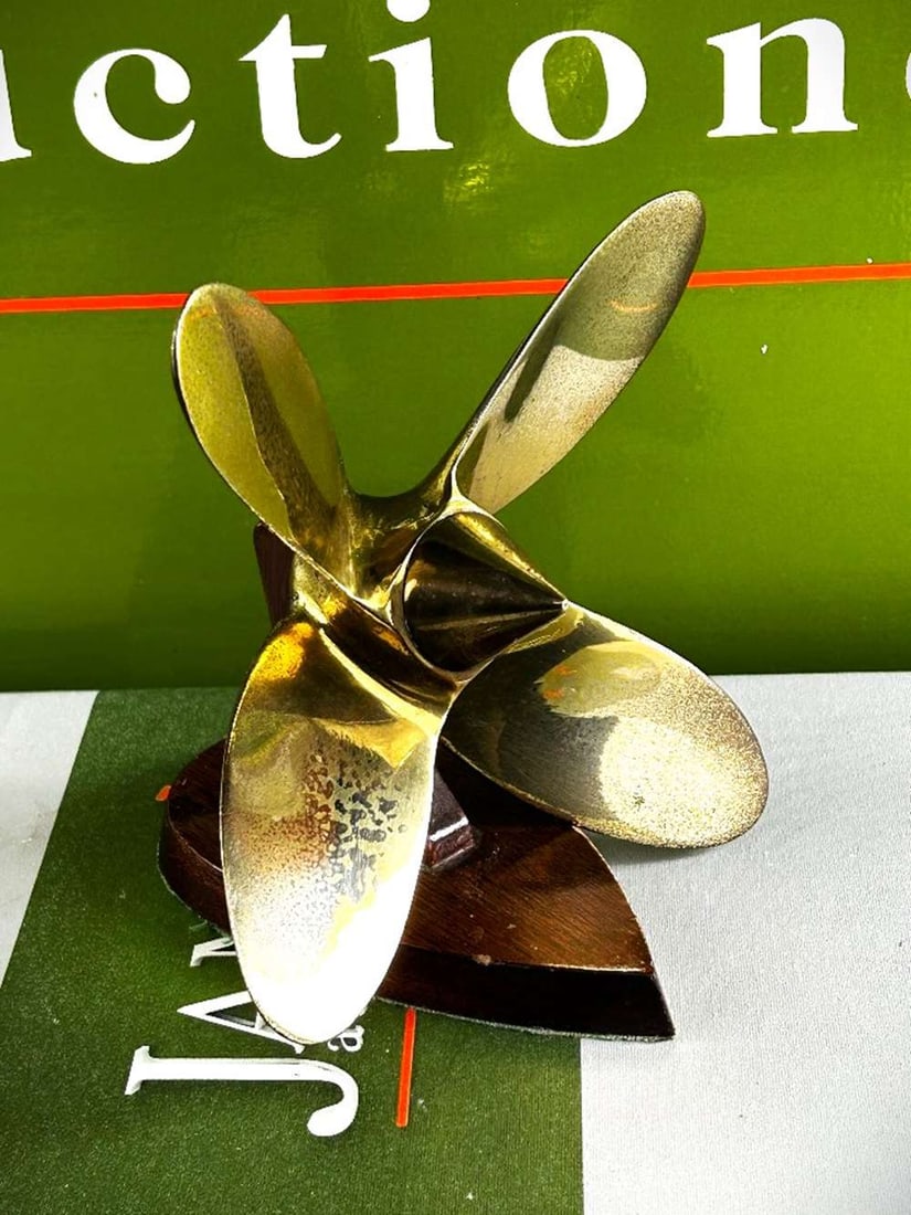 A Handmade Desk Top Vintage Brass Propeller On Wooden Display Stand: A Handmade Desk Top Brass Propeller On Wooden Display Stand