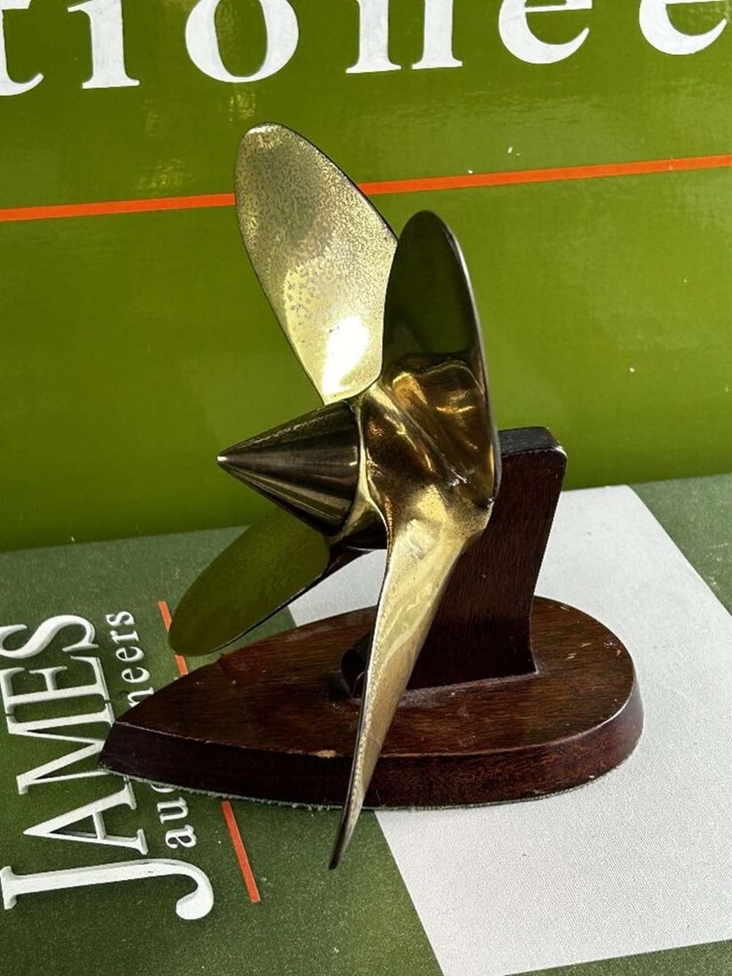 A Handmade Desk Top Vintage Brass Propeller On Wooden Display Stand - 3