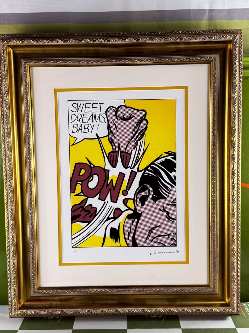 Roy Lichenstein (1923-1997) `Sweet Dreams Baby` Numbered Ltd Edition Lithograph #91/150: Roy Lichenstein (1923-1997) `Sweet Dreams Baby` Numbered Ltd Edition Lithograph #91/150. Professionally framed using museum quality perspex and double mount, gold finish ornate framed. Dimensions
