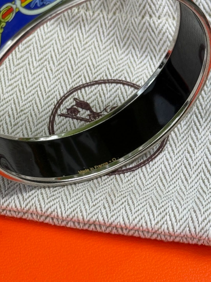 Hermes Paris Wide Silver & Enamel Monogram Bangle - 3