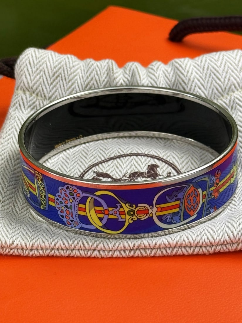 Hermes Paris Wide Silver & Enamel Monogram Bangle - 4