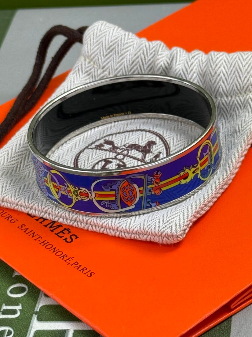 Hermes Paris Wide Silver & Enamel Monogram Bangle - 5