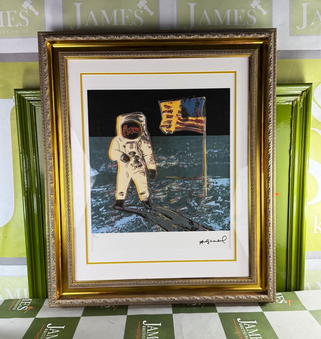 Andy Warhol-(1928-1987) Man on the Moon Numbered Lithograph #62/100: Andy Warhol-(1928-1987) "Man on the Moon" Numbered Lithograph#62/100, Professionally framed using museum quality perspex and double mount, gold finish ornate framed. Dimensions & number of limited