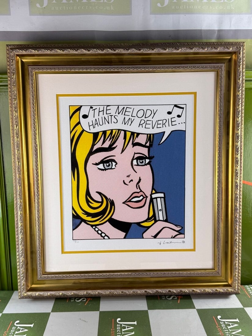 Roy Lichenstein (1923-1997) `Melody` Numbered Ltd Edition Lithograph #58/150: Roy Lichenstein (1923-1997) `Melody` Numbered Ltd Edition Lithograph #58/150. Professionally framed using museum quality perspex and double mount, gold finish ornate framed. Dimensions & number